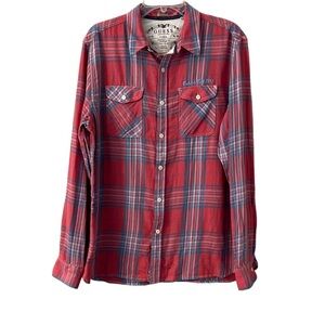 Guess Men’s Essential Plaid Linen Blend Button Down Long Sleeve Shirt. Sz L